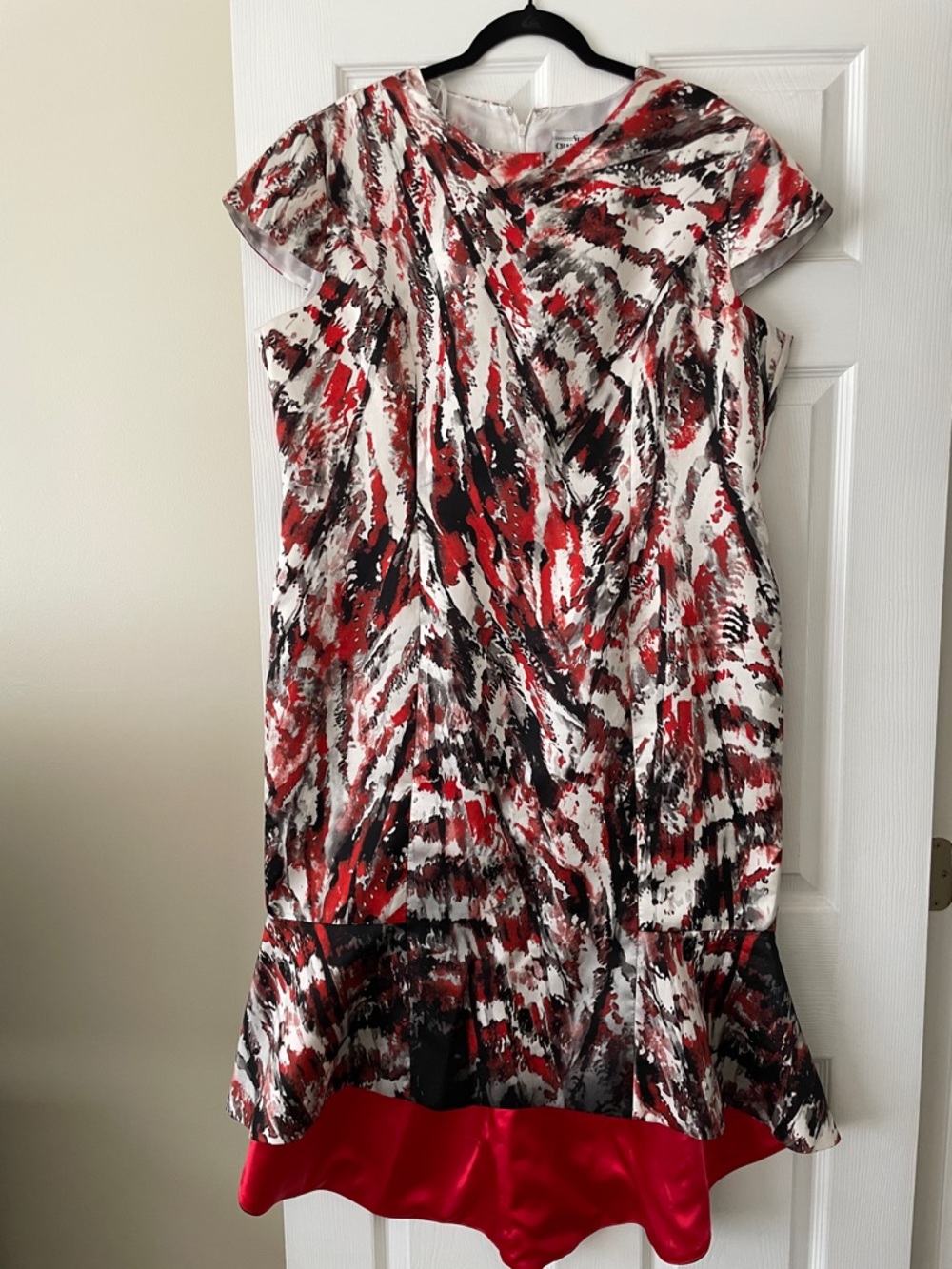 Red & White Abstract Midi Dress with Satin Hem